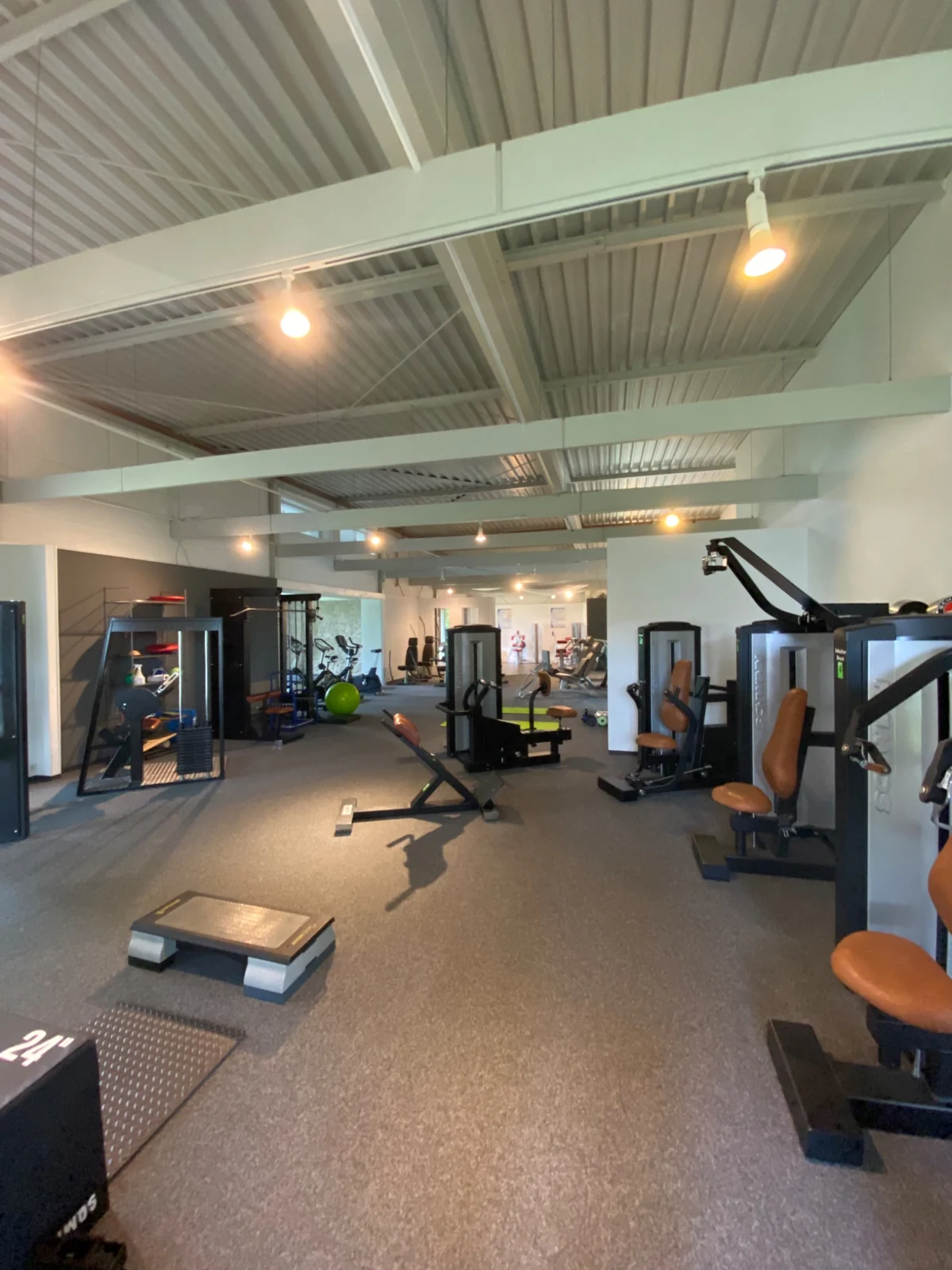 Blick durch den großzügigen Trainingsraum mit Kraftgeräten, Trainingsbank und Step-Plattform