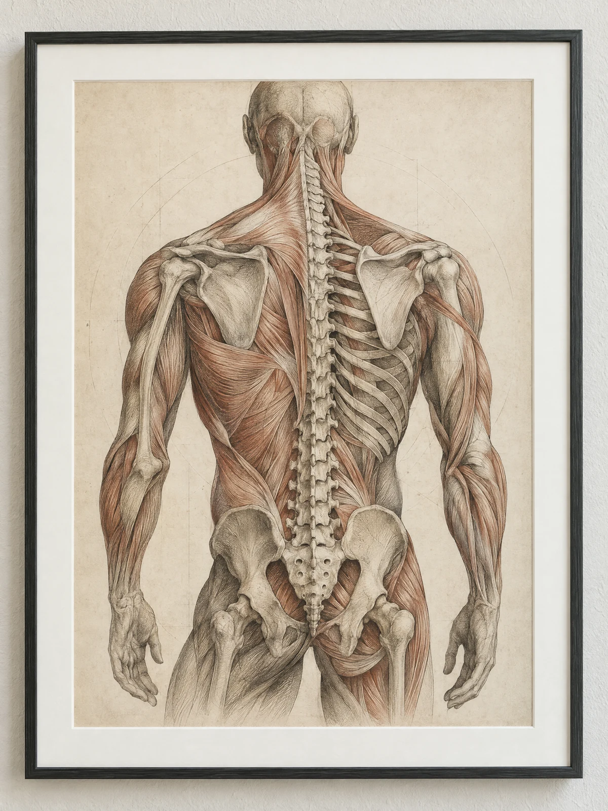 Anatomische Rückenillustration mit Skelett und Muskulatur im Stil einer gerahmten historischen Tafel.